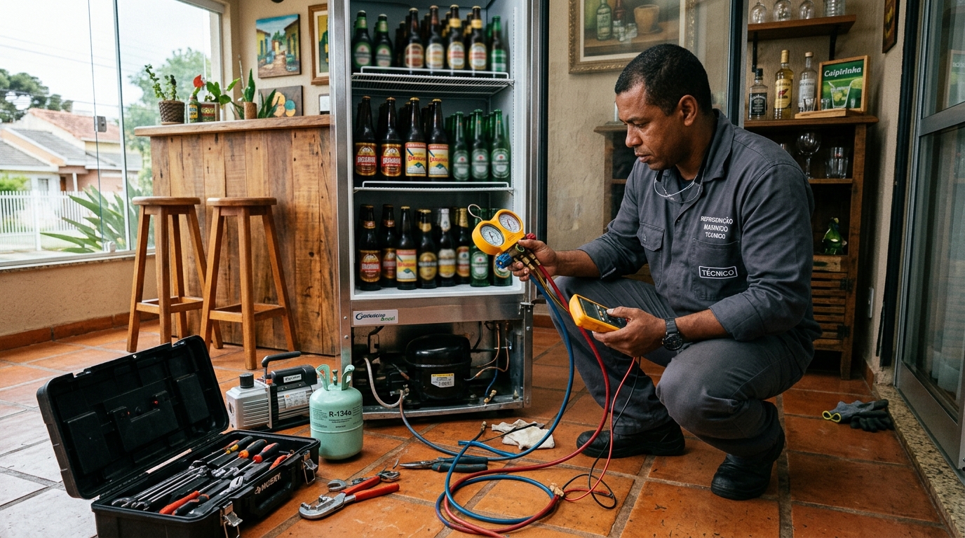 Técnico realizando manutenção de motor de cervejeira em Londrina‑PR