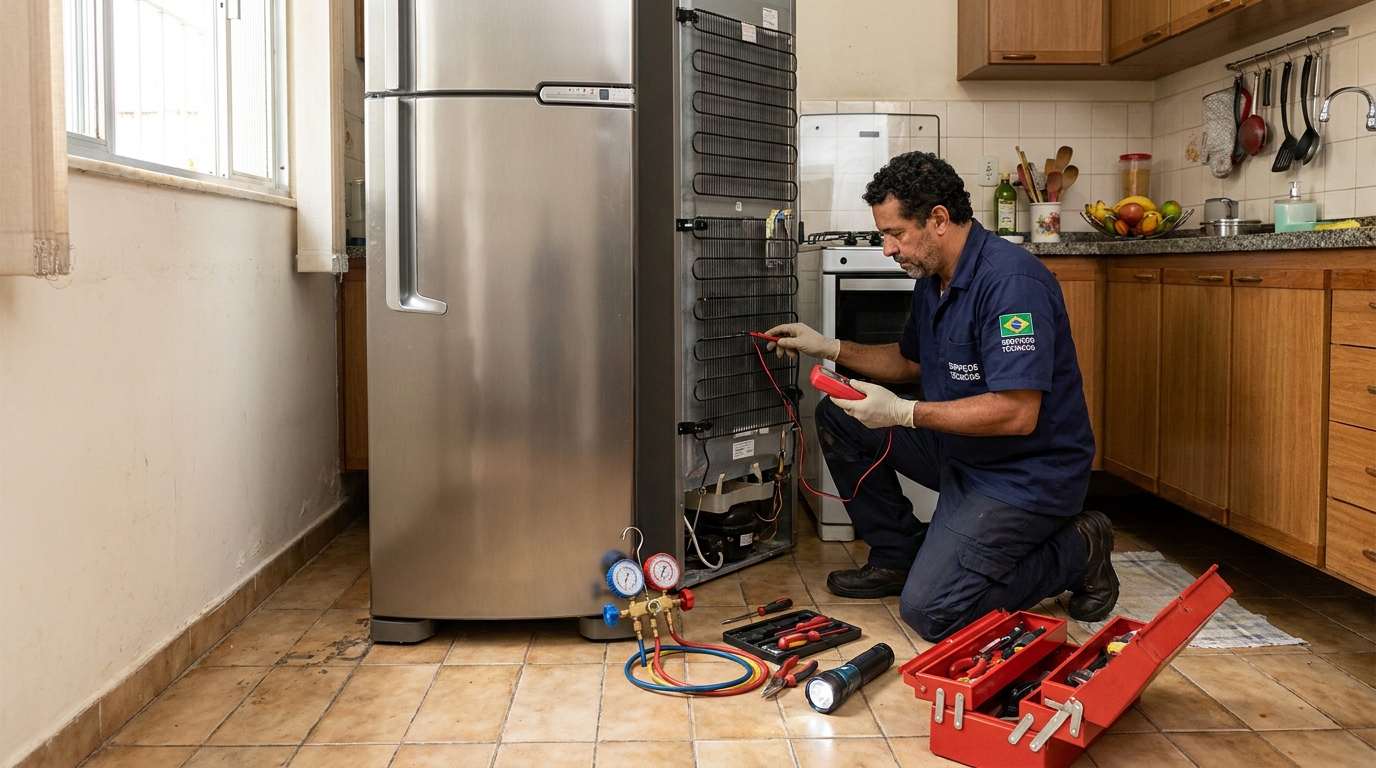 Técnico realizando manutenção de motor de geladeira em Londrina‑PR